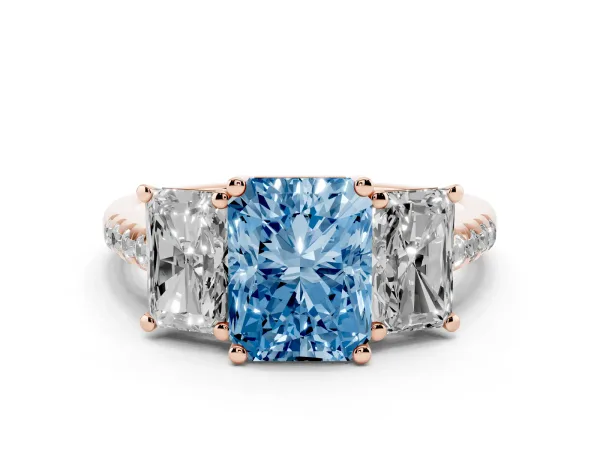 Fancy Blue Three-Stone Radiant Cut Diamond Ring with Round Pavé Band and Prong Setting Rose gold