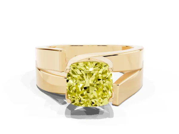 Fancy Yellow Modern Tension Set Cushion Cut Diamond Solitaire Wide Band Ring Yellow gold