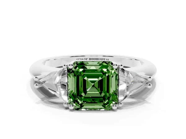 Fancy Green Three-Stone Asscher Cut Diamond Engagement Ring with Trillion Side Stones and Prong Setting Platinum
