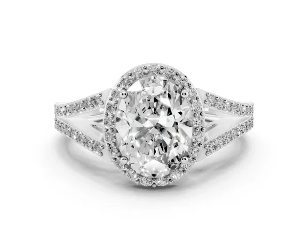 Oval Cut Halo Split Shank Pave Diamond Ring with Four-Prong Setting Platinum