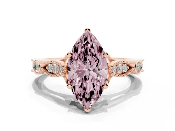 Fancy Pink Marquise Cut Cut Diamond with Milgrain Marquise and Bezel Accents on a Solitaire Band with Prong Setting Rose gold