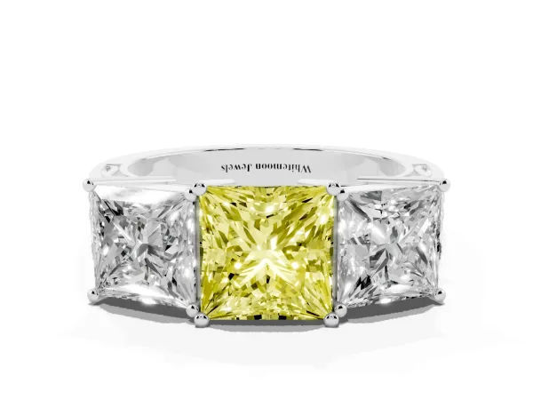 Fancy Yellow Princess Cut Diamond Three-Stone Ring with Prong Setting and Textured Band White gold
