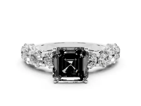 Fancy Black Asscher Cut Diamond Side Stone Engagement Ring with Four-Prong Setting Silver