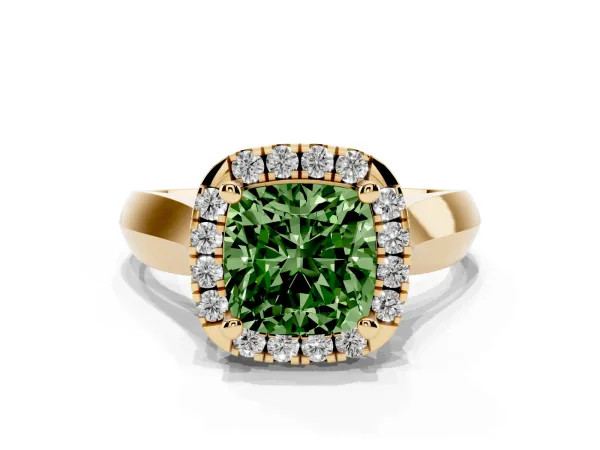 Fancy Green Cushion Cut Cut Halo Solitaire Engagement Ring with Square Band and Four-Prong Setting Yellow gold