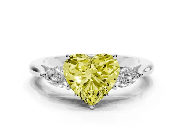 Fancy Yellow Heart Cut Diamond Three-Stone Ring with Pear Side Stones and Prong Setting Platinum
