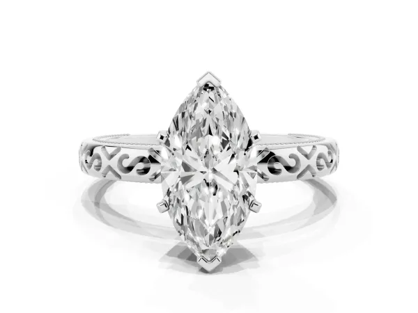 Marquise Cut Solitaire Engagement Ring with Scrollwork Band and Four-Prong Setting White gold