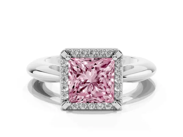 Fancy Pink Princess Cut Cut Diamond Halo Engagement Ring with Split Shank and Four-Prong Setting Platinum