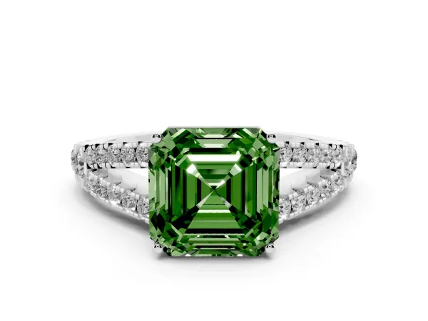 Fancy Green Asscher Cut Diamond Split Shank Engagement Ring with Round Pavé and Prong Setting White gold