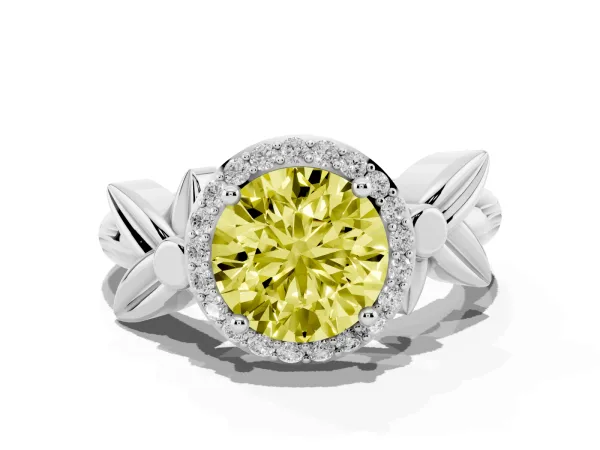 Fancy Yellow Round Cut Halo Diamond Floral Band with Four-Prong Setting Platinum