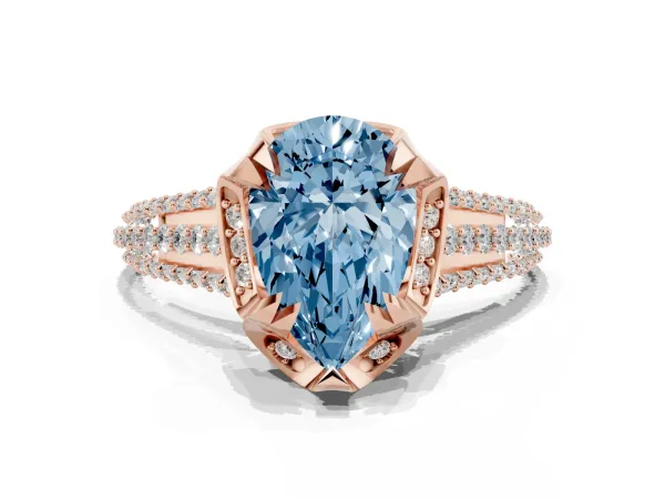 Fancy Blue Pear Cut Solitaire Pave Split Shank Ring with Four-Prong Setting Rose gold