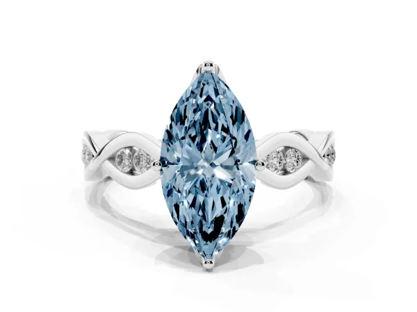 Fancy Blue Marquise Cut Solitaire Twist Band with Leaf Prong Setting Platinum