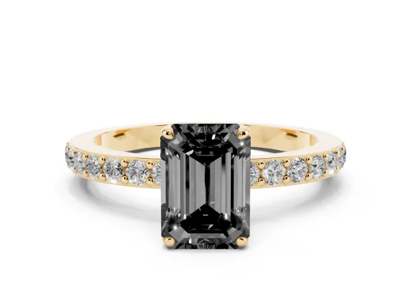 Fancy Black Emerald Cut Diamond Solitaire Engagement Ring with Pavé Band and Four-Prong Setting Yellow gold