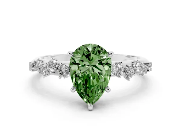 Fancy Green Pear Cut Diamond Cluster Side Stone Solitaire Ring with Prong Setting Platinum