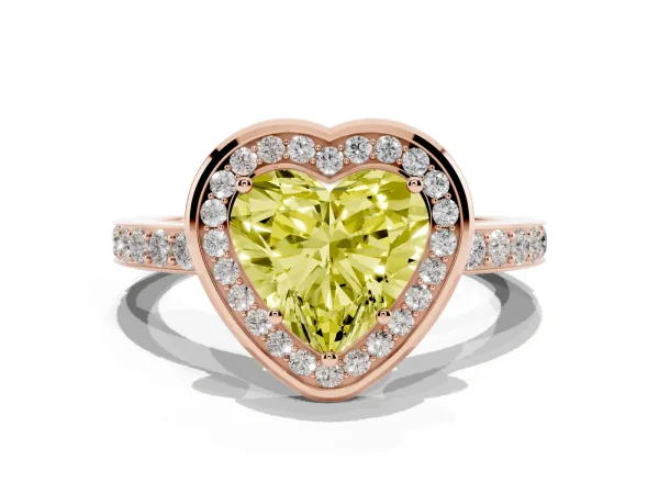 Fancy Yellow Heart Cut Diamond Halo Ring with Bezel Frame and Pavé Band Rose gold