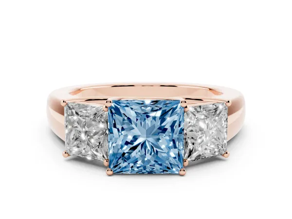 Fancy Blue Three-Stone Princess Cut Cut Diamond Ring with Prong Setting and Classic Band Rose gold