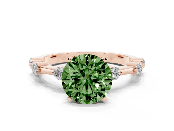 Fancy Green Round Cut Solitaire Diamond Ring with Bezel Set Side Stones and Prong Setting Rose gold
