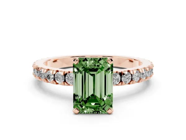Fancy Green Emerald Cut Diamond Pavé Band Solitaire with Four-Prong Setting Rose gold