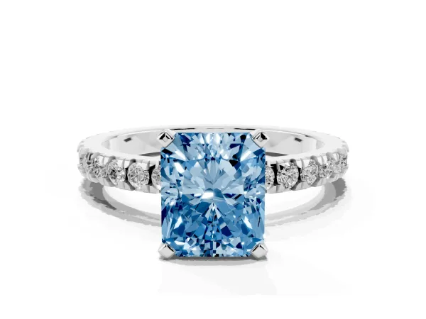 Fancy Blue Radiant Cut Diamond Pavé Band Solitaire with Four-Prong Setting Platinum