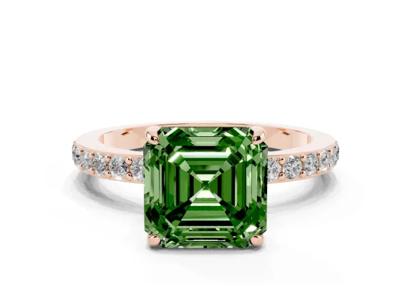 Fancy Green Asscher Cut Diamond Solitaire Engagement Ring with Pavé Band and Four-Prong Setting Rose gold