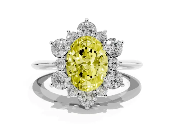 Fancy Yellow Oval Cut Diamond Cluster Halo Ring with Solitaire Band and Four-Prong Setting White gold