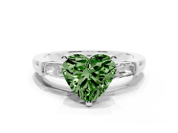Fancy Green Heart Cut Solitaire with Tapered Baguette Side Stones on a Classic Band with Four-Prong Setting Platinum