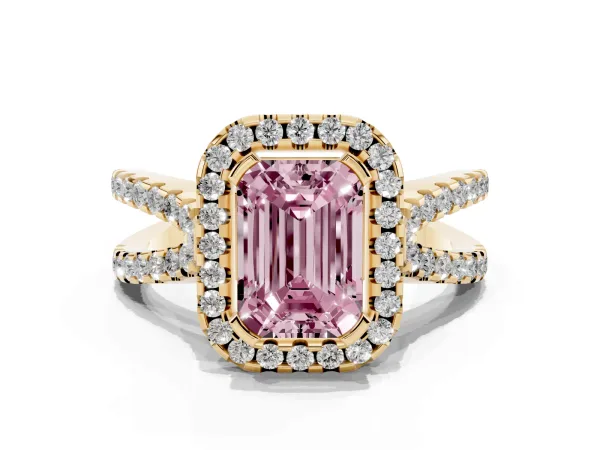 Fancy Pink Emerald Cut Diamond Halo Ring with Split Shank Pavé Band and Prong Setting Yellow gold