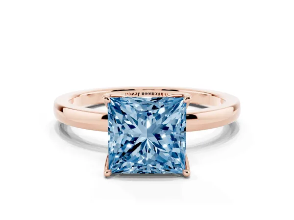Fancy Blue Princess Cut Diamond Solitaire Ring with Thin Band and Prong Setting Rose gold
