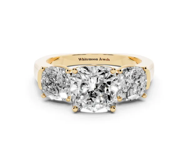 Three-Stone Cushion Cut Brilliant Diamond Trellis Ring with Comfort Fit Band Yellow gold