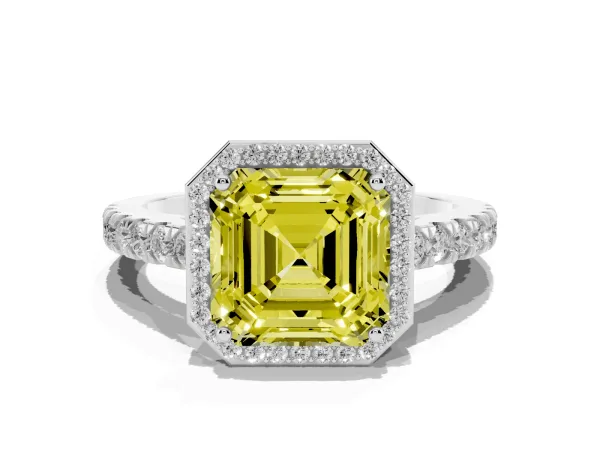 Fancy Yellow Asscher Cut Cut Halo Diamond Engagement Ring with Pave Band and Four-Prong Setting White gold