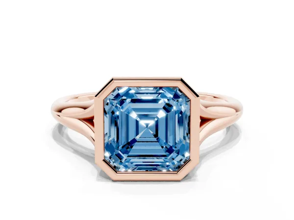 Fancy Blue Bezel Set Asscher Cut Cut Solitaire Ring with Tapered Band Rose gold