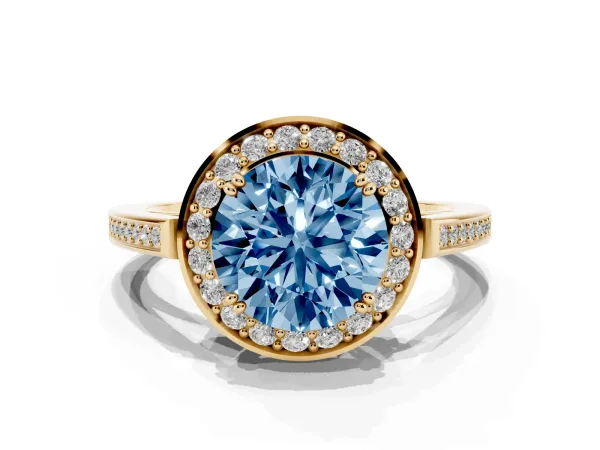 Fancy Blue Round Cut Diamond Halo Ring with Split Shank and Four-Prong Setting Yellow gold