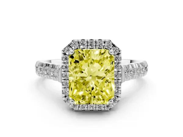Fancy Yellow Radiant Cut Halo Pavé Diamond Engagement Ring with Four-Prong Setting Platinum