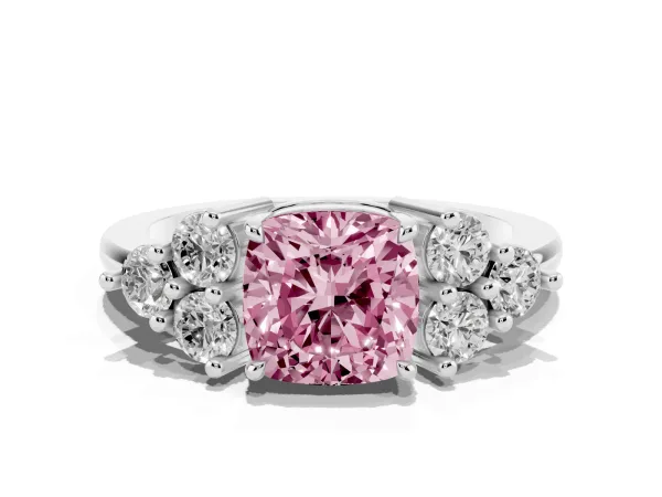 Fancy Pink Cushion Cut Brilliant Diamond Cluster Accent Solitaire Ring with Prong Setting White gold
