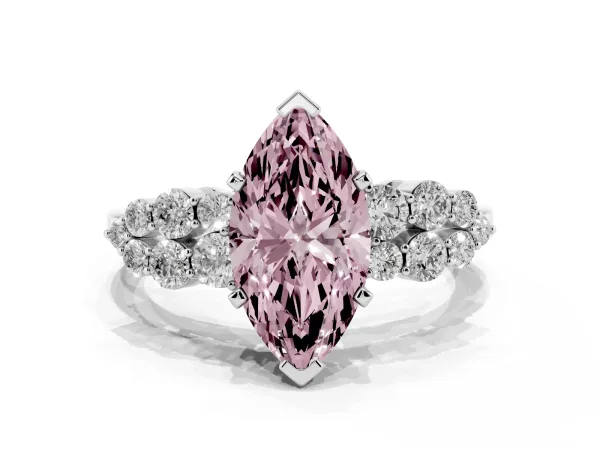 Fancy Pink Marquise Cut Cluster Diamond Engagement Ring with Pavé Band and Four-Prong Setting Platinum