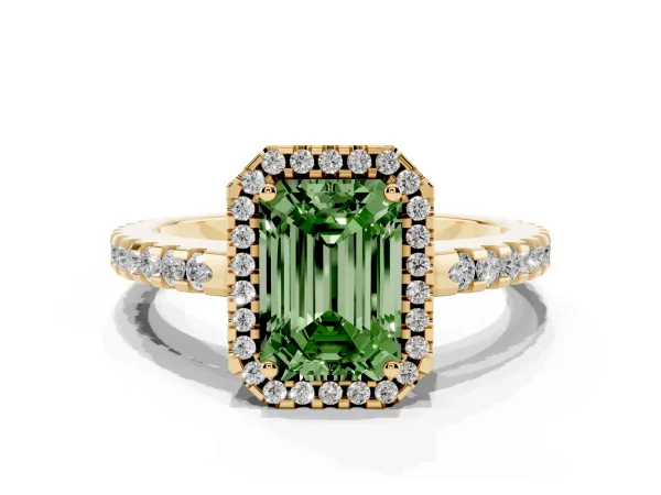 Fancy Green Emerald Cut Diamond Halo Engagement Ring with Pavé Band and Prong Setting Yellow gold