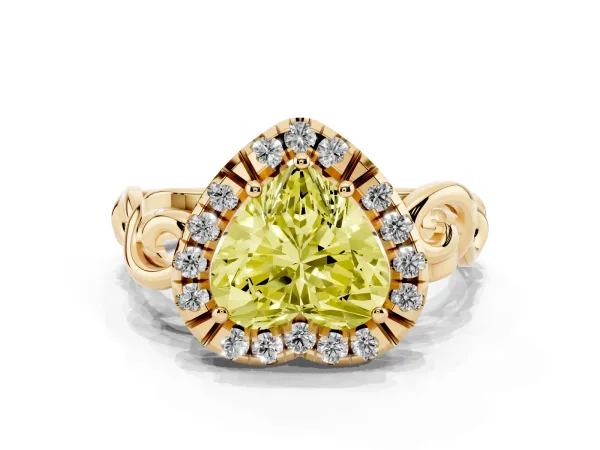 Fancy Yellow Heart Cut Cut Halo Diamond Ring with Scrollwork Band and Four-Prong Setting Yellow gold