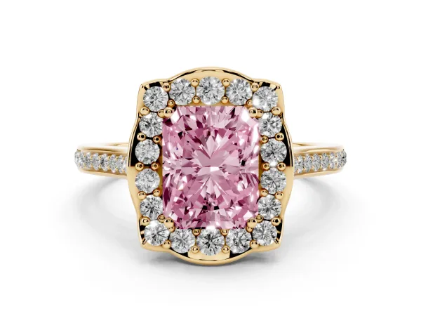 Fancy Pink Radiant Cut Halo Round Diamond Pave Band with Four-Prong Setting Yellow gold