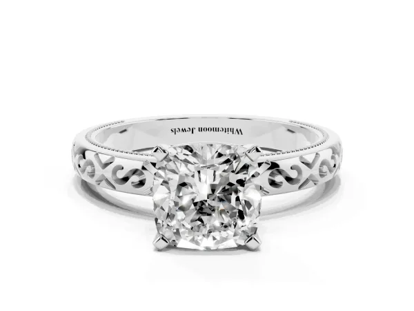 Cushion Cut Solitaire Engagement Ring with Scrollwork Band and Four-Prong Setting White gold