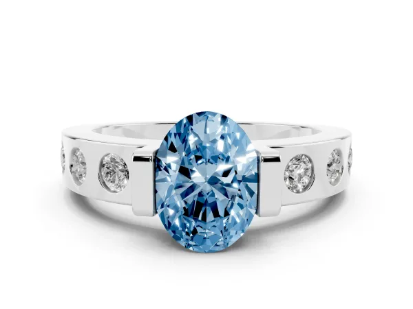Fancy Blue Oval Cut Brilliant Channel-Set Diamond Ring with Bezel Prong Setting White gold