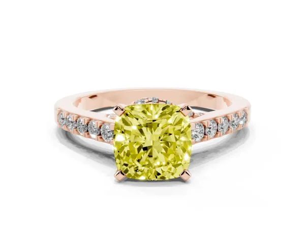 Fancy Yellow Cushion Cut Diamond Solitaire Ring with Crossover Gallery and Round Pavé Band Rose gold