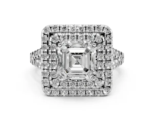 Double Halo Asscher Cut Diamond Pavé Split Shank Ring with Prong Setting Platinum