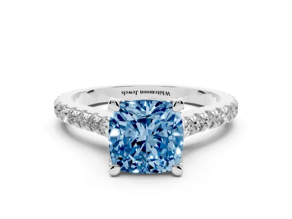 Fancy Blue Cushion Cut Brilliant Diamond Solitaire with Pavé Band and Four-Prong Setting Platinum