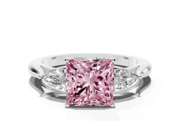 Fancy Pink Three-Stone Princess Cut Diamond Ring with Pear Side Stones in Four-Prong Setting Platinum