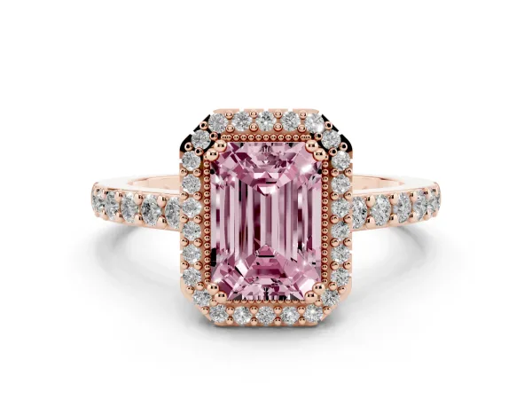 Fancy Pink Emerald Cut Cut Diamond Halo Engagement Ring with Milgrain Detail and Pavé Band Rose gold