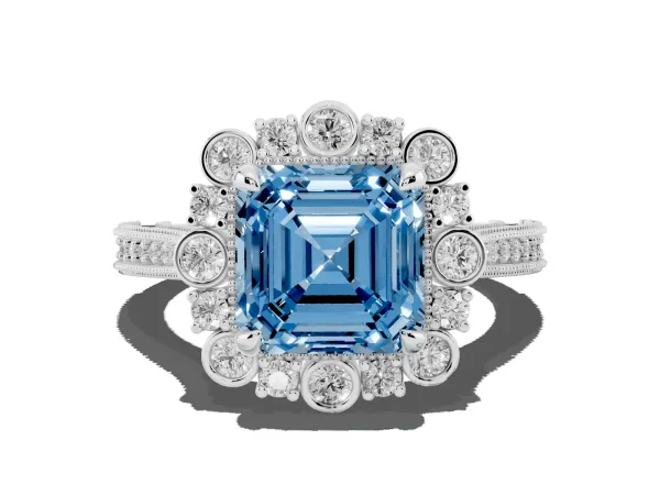 Fancy Blue Asscher Cut Halo Milgrain Pave Diamond Ring with Four-Prong Setting White gold