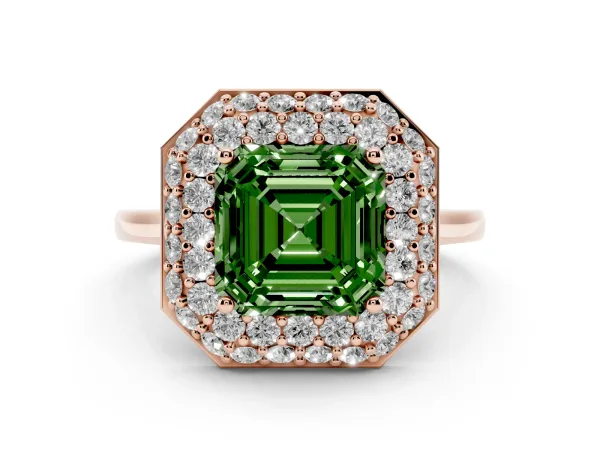 Fancy Green Asscher Cut Halo Diamond Engagement Ring with Solitaire Band and Four-Prong Setting Rose gold