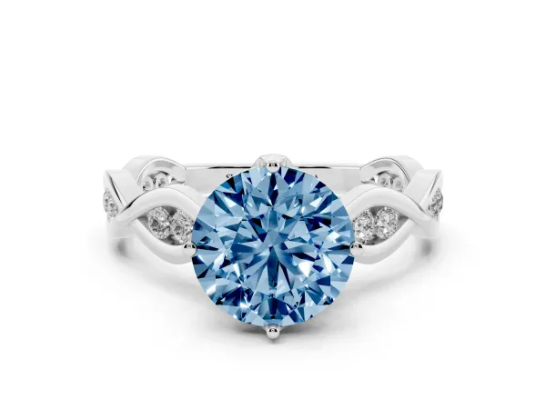 Fancy Blue Round Cut Solitaire Twist Band with Leaf Prong Setting White gold