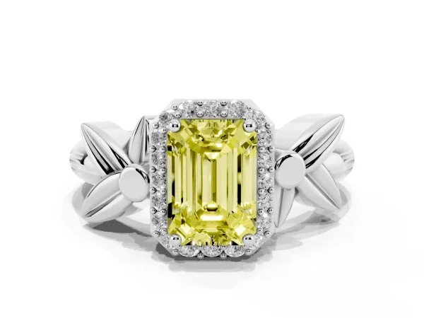 Fancy Yellow Emerald Cut Halo Diamond Floral Band with Four-Prong Setting Platinum