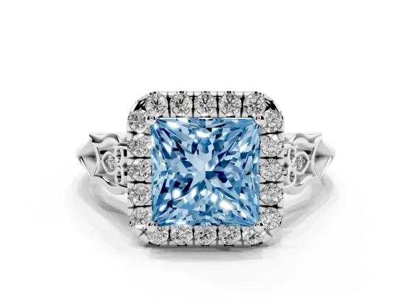 Fancy Blue Princess Cut Halo Diamond Engagement Ring with Filigree Band and Four-Prong Setting Platinum