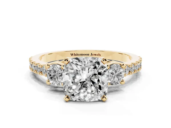 Cushion Cut Three-Stone Diamond Pavé Band with Prong Setting Yellow gold